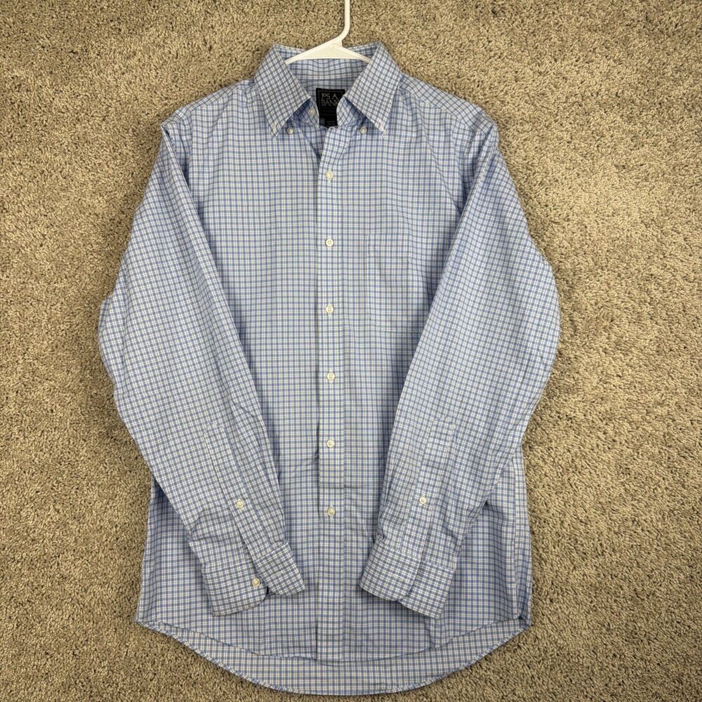 Jos A Bank Traveler Shirt Mens 15.5-33 Blue Micro Check Button Down Long Sleeve